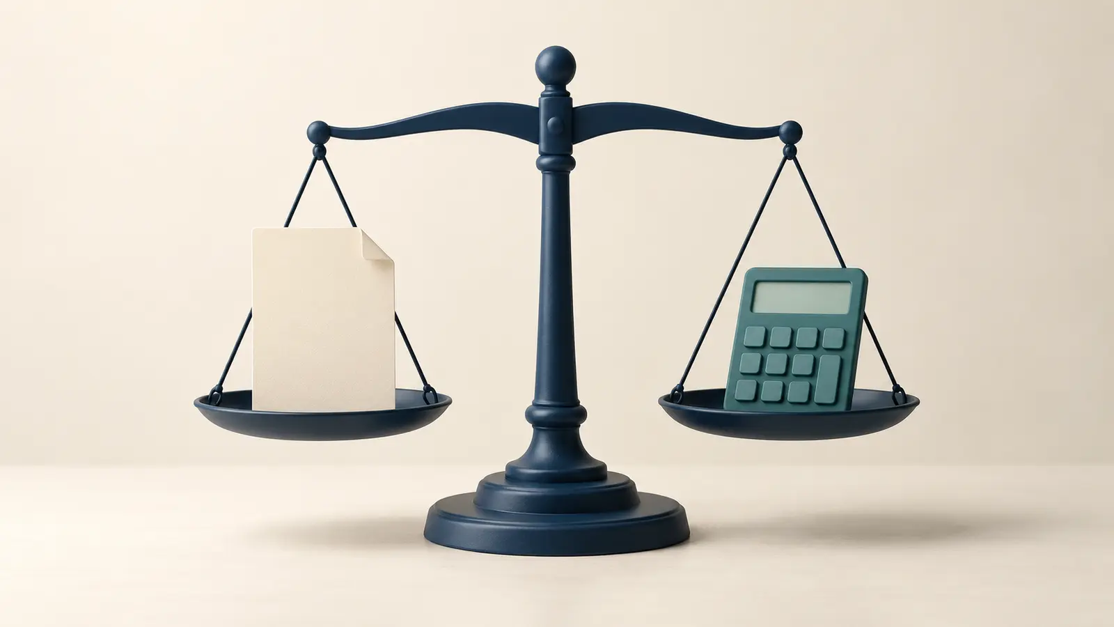 A blank cream document and a teal calculator balanced on a navy scale.