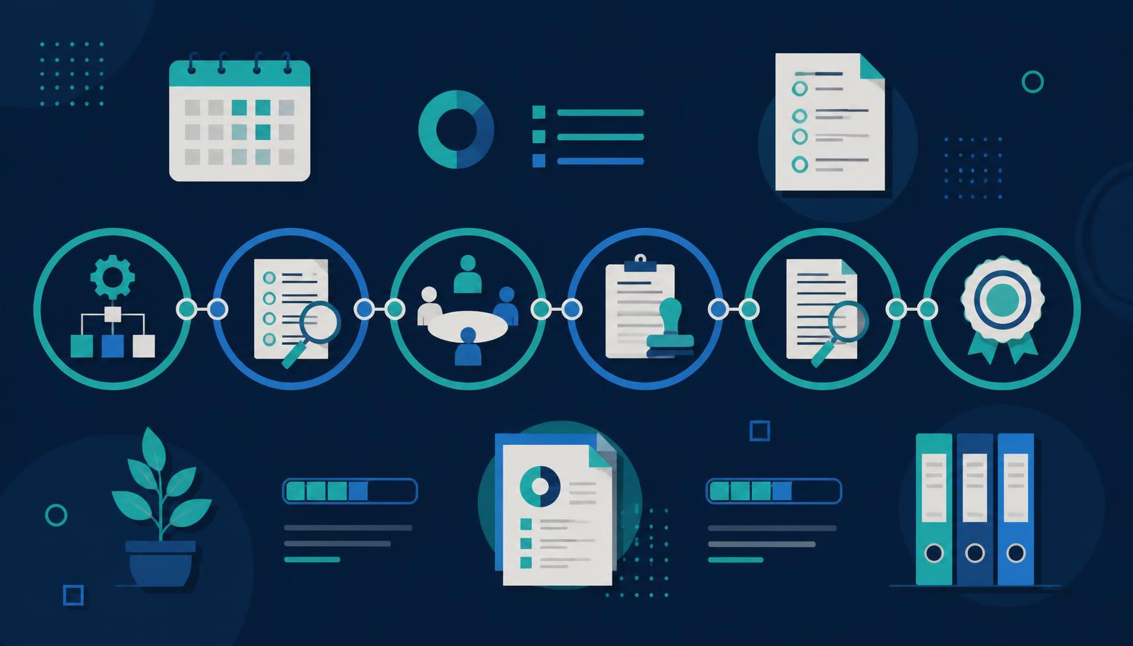 Illustrated timeline from ISO management-system implementation through Stage 1 and Stage 2 certification audits