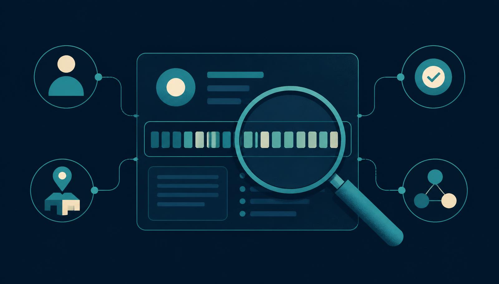Flat illustration of a magnifying glass over a legal entity identifier record showing status fields and a verification tick
