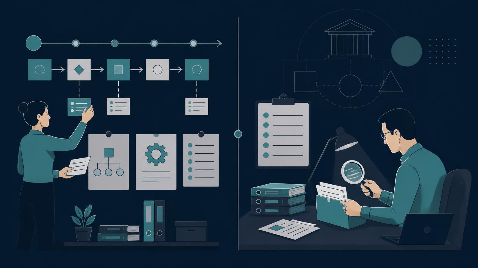 Illustration contrasting an adviser mapping out a management system with an independent auditor reviewing evidence against a checklist