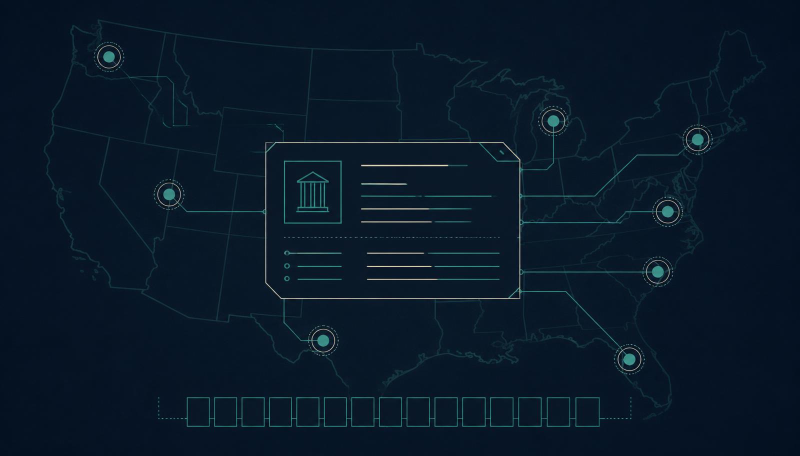 Flat navy illustration of a legal-entity record card linked to US state registration points, with a blank 20-character identifier bar