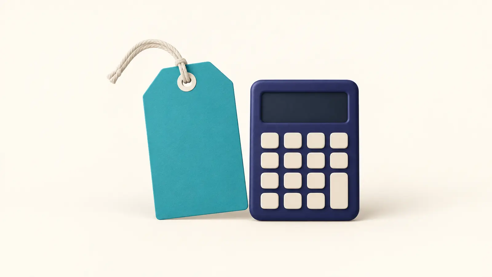 A blank teal price tag beside a navy calculator with unmarked keys on an off-white background.