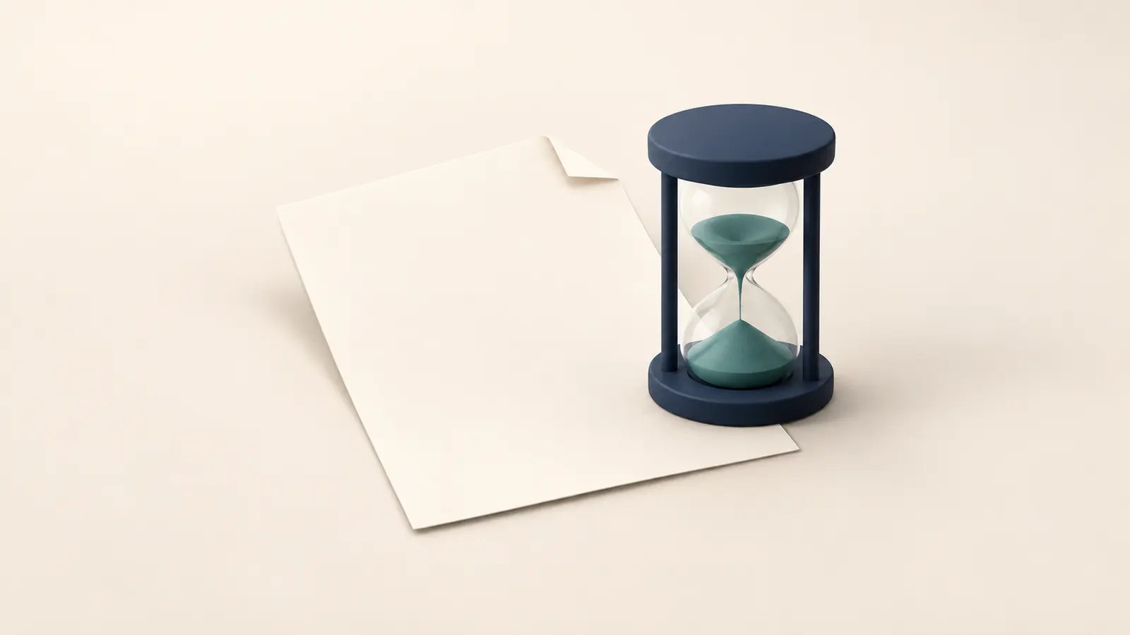 A blank cream invoice-shaped sheet partly covered by a navy hourglass with teal sand.