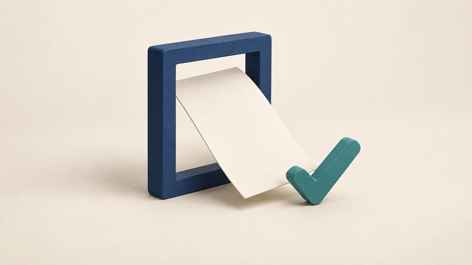 A blank cream sheet passing through a navy open frame beside a teal check shape.